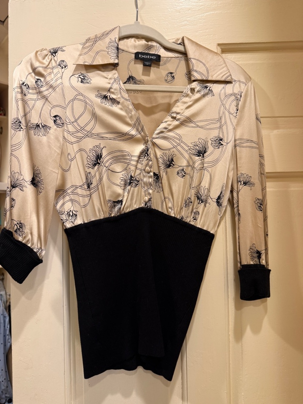 bebe Cream and Black Floral Satin Blend Top